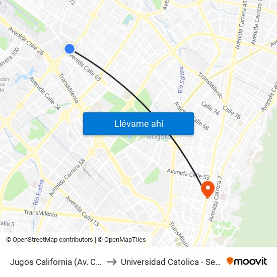 Jugos California (Av. C. De Cali - Ac 63) to Universidad Catolica - Sede Administrativa map