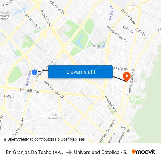 Br. Granjas De Techo (Av. Centenario - Kr 65) to Universidad Catolica - Sede Administrativa map