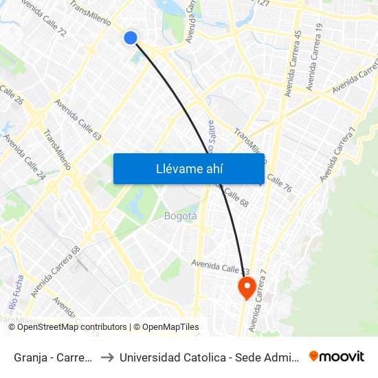 Granja - Carrera 77 to Universidad Catolica - Sede Administrativa map