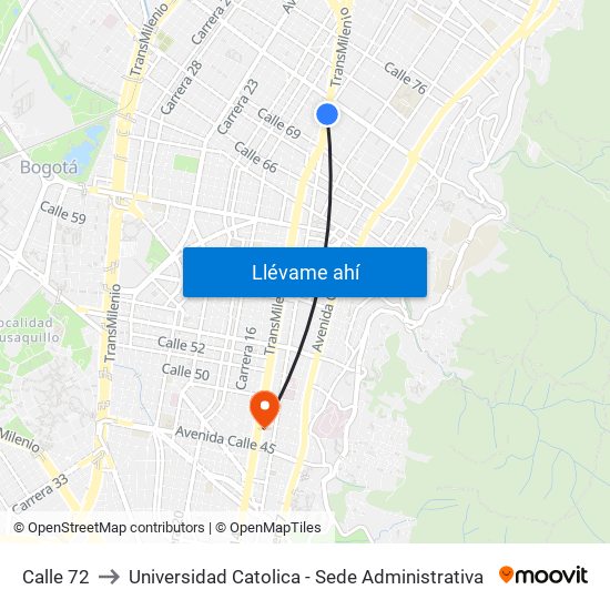 Calle 72 to Universidad Catolica - Sede Administrativa map