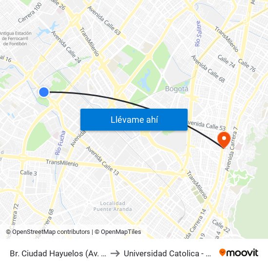 Br. Ciudad Hayuelos (Av. Centenario - Kr 78g) to Universidad Catolica - Sede Administrativa map