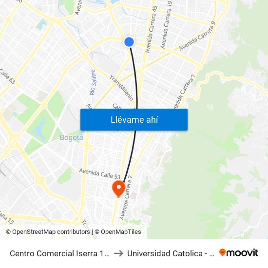 Centro Comercial Iserra 100 (Ac 100 - Kr 54) (B) to Universidad Catolica - Sede Administrativa map