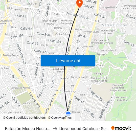 Estación Museo Nacional (Ak 7 - Cl 29) to Universidad Catolica - Sede Administrativa map