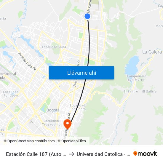 Estación Calle 187 (Auto Norte - Cl 187 Bis) (A) to Universidad Catolica - Sede Administrativa map
