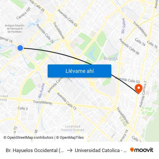 Br. Hayuelos Occidental (Av. Centenario - Kr 87) to Universidad Catolica - Sede Administrativa map