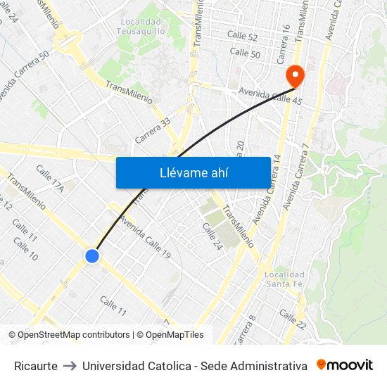 Ricaurte to Universidad Catolica - Sede Administrativa map