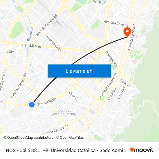 NQS - Calle 38a Sur to Universidad Catolica - Sede Administrativa map