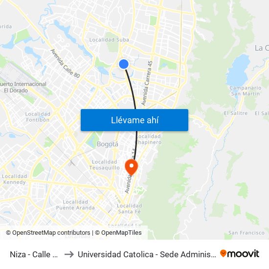 Niza - Calle 127 to Universidad Catolica - Sede Administrativa map
