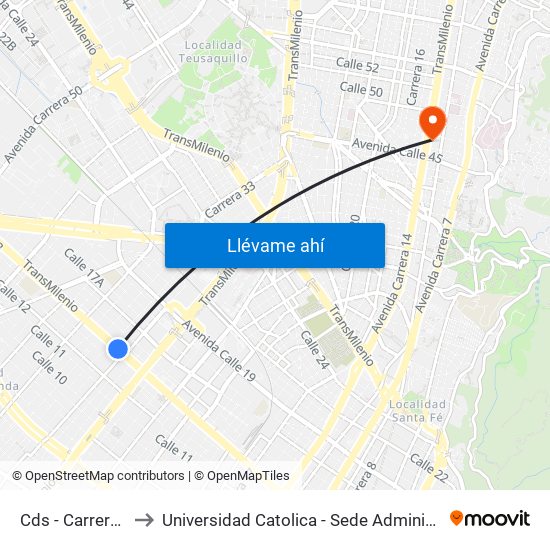 Cds - Carrera 32 to Universidad Catolica - Sede Administrativa map