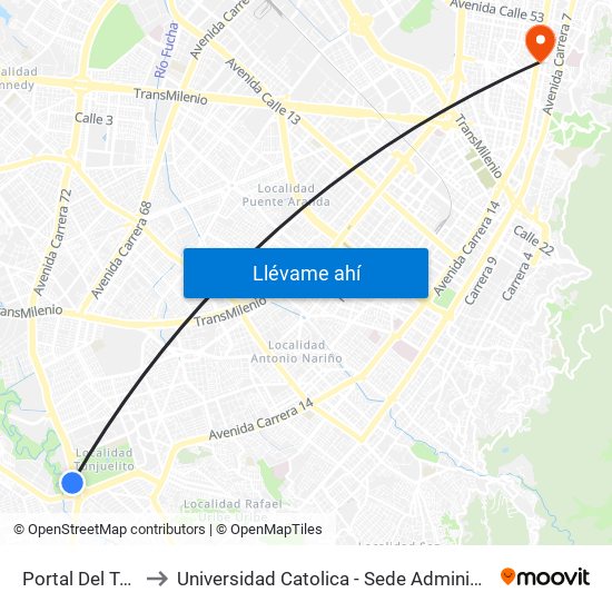 Portal Del Tunal to Universidad Catolica - Sede Administrativa map