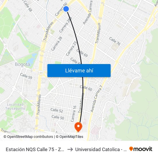 Estación NQS Calle 75 - Zona M (Av. NQS - Cl 75) to Universidad Catolica - Sede Administrativa map