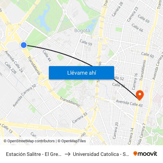 Estación Salitre - El Greco (Ac 26 - Ak 68) to Universidad Catolica - Sede Administrativa map