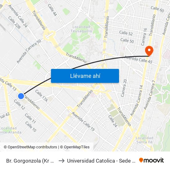 Br. Gorgonzola (Kr 43 - Cl 12b) to Universidad Catolica - Sede Administrativa map