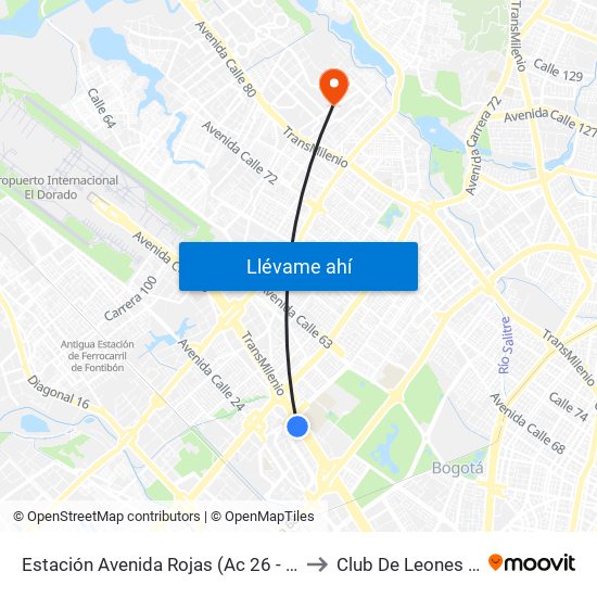 Estación Avenida Rojas (Ac 26 - Kr 69d Bis) (B) to Club De Leones Quirigua map