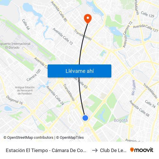 Estación El Tiempo - Cámara De Comercio De Bogotá (Ac 26 - Kr 68b Bis) to Club De Leones Quirigua map