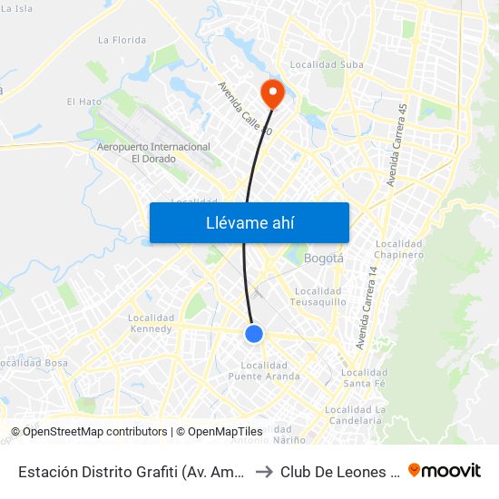 Estación Distrito Grafiti (Av. Américas - Kr 53a) to Club De Leones Quirigua map