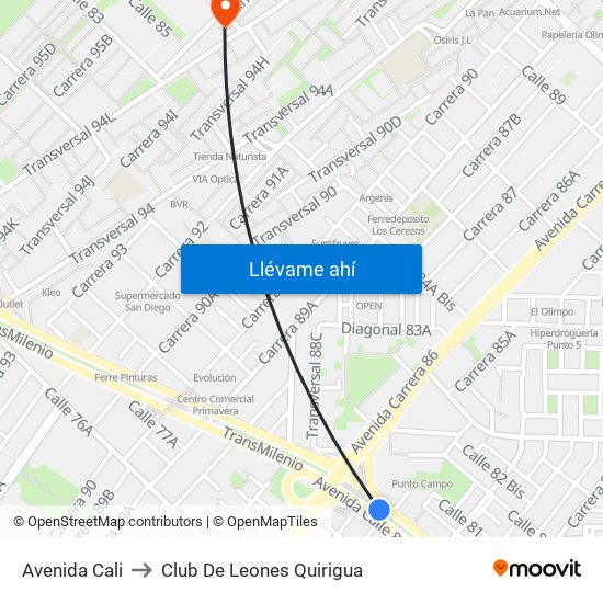 Avenida Cali to Club De Leones Quirigua map