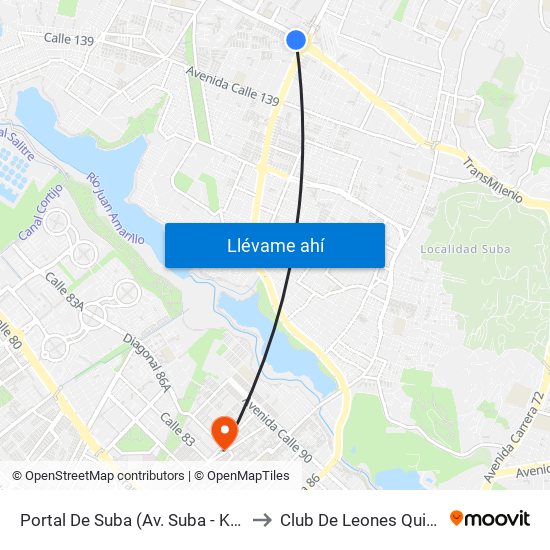 Portal De Suba (Av. Suba - Kr 106) to Club De Leones Quirigua map
