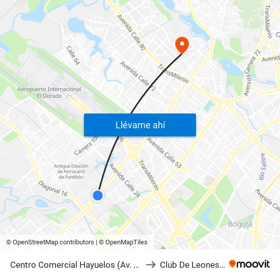 Centro Comercial Hayuelos (Av. C. De Cali - Cl 20) to Club De Leones Quirigua map