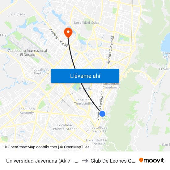 Universidad Javeriana (Ak 7 - Cl 40) (B) to Club De Leones Quirigua map