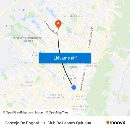 Concejo De Bogotá to Club De Leones Quirigua map