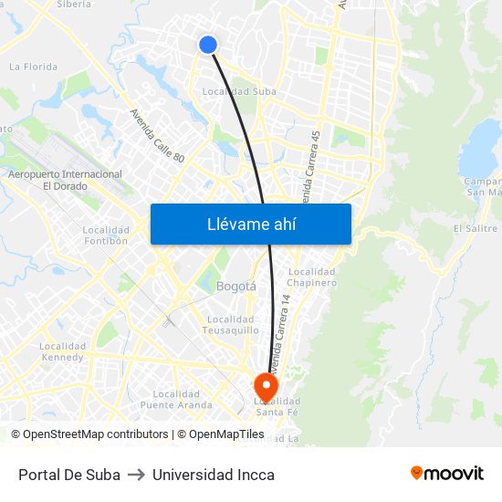 Portal De Suba to Universidad Incca map
