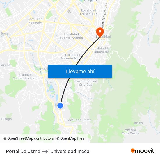 Portal De Usme to Universidad Incca map