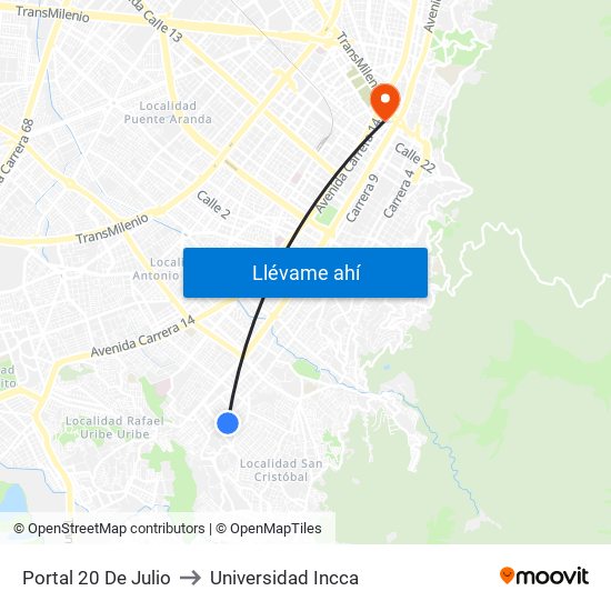 Portal 20 De Julio to Universidad Incca map