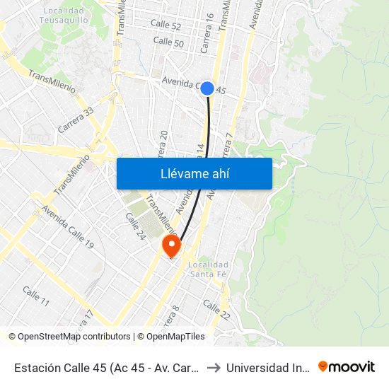 Estación Calle 45 (Ac 45 - Av. Caracas) to Universidad Incca map