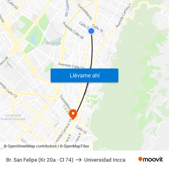 Br. San Felipe (Kr 20a - Cl 74) to Universidad Incca map