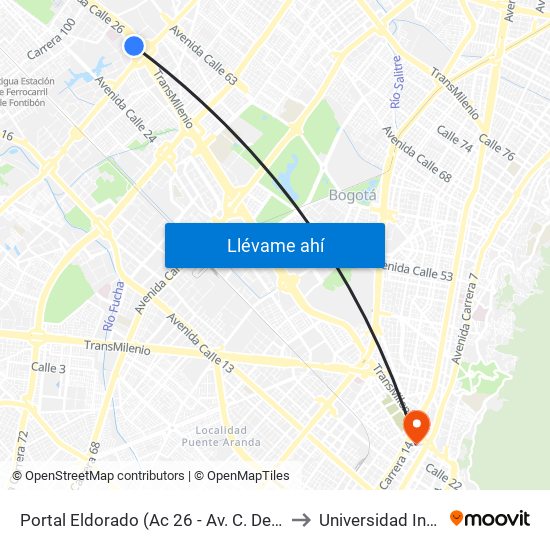 Portal Eldorado (Ac 26 - Av. C. De Cali) to Universidad Incca map