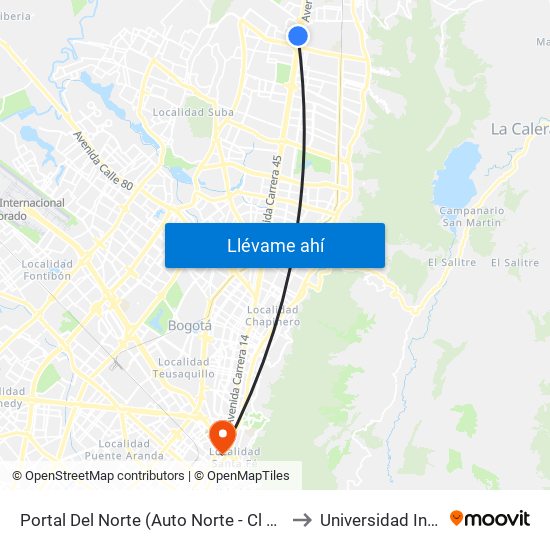 Portal Del Norte (Auto Norte - Cl 174a) to Universidad Incca map