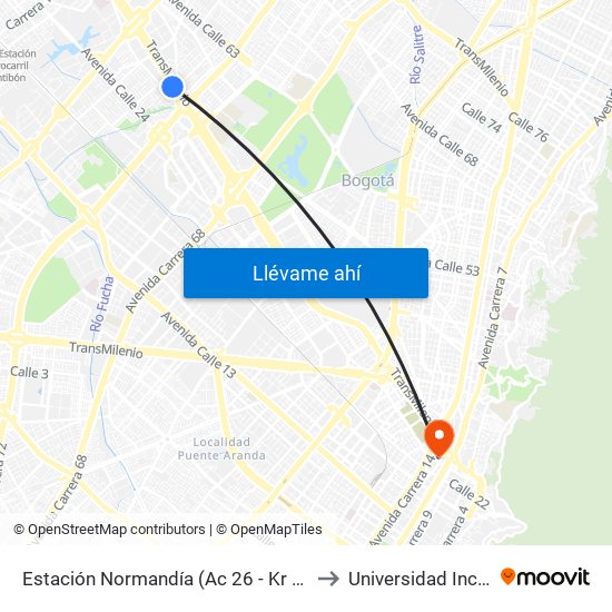 Estación Normandía (Ac 26 - Kr 74) to Universidad Incca map