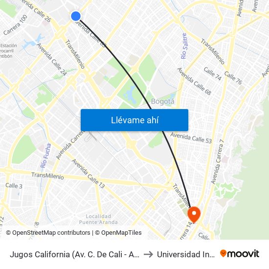 Jugos California (Av. C. De Cali - Ac 63) to Universidad Incca map