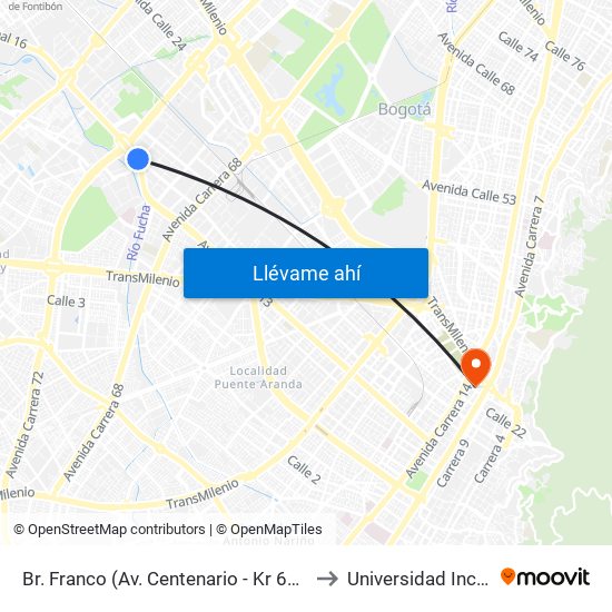 Br. Franco (Av. Centenario - Kr 69b) to Universidad Incca map