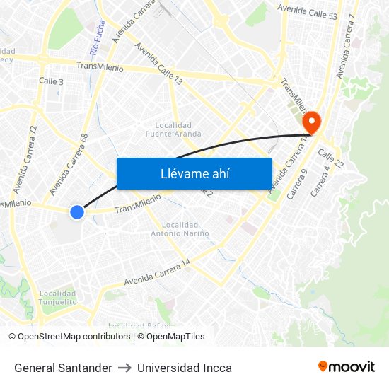 General Santander to Universidad Incca map