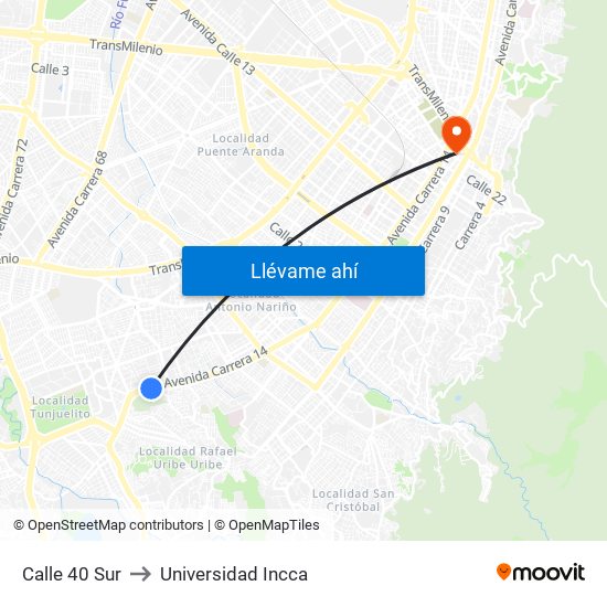 Calle 40 Sur to Universidad Incca map