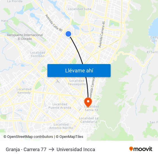 Granja - Carrera 77 to Universidad Incca map