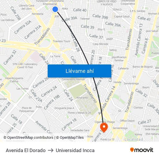 Avenida El Dorado to Universidad Incca map
