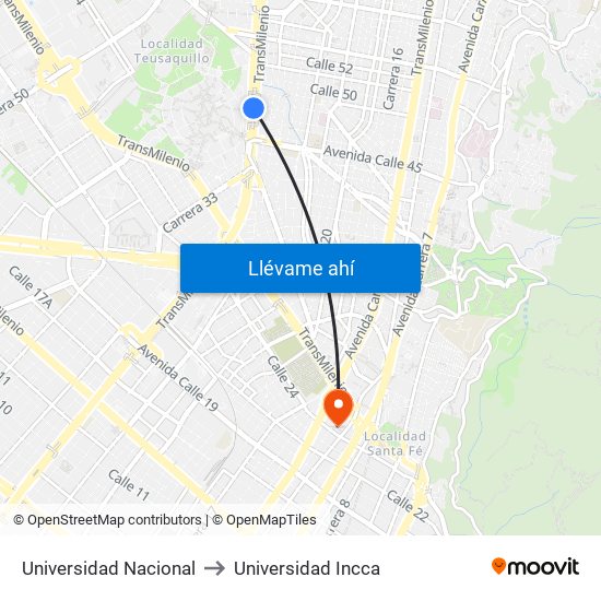 Universidad Nacional to Universidad Incca map