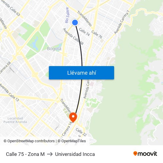 Calle 75 - Zona M to Universidad Incca map