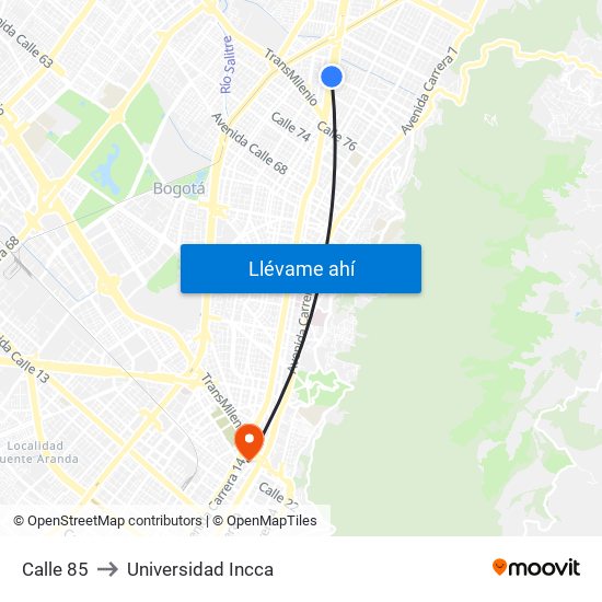 Calle 85 to Universidad Incca map