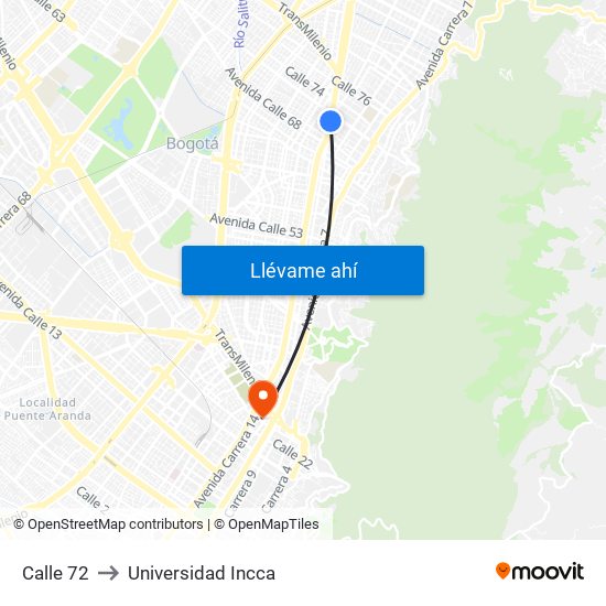 Calle 72 to Universidad Incca map