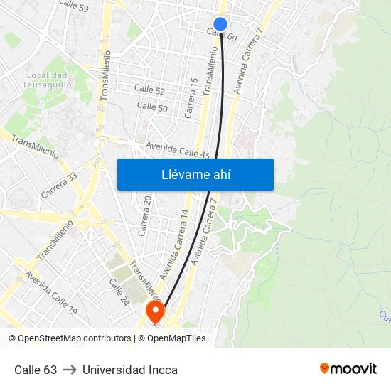 Calle 63 to Universidad Incca map