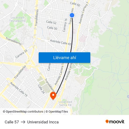 Calle 57 to Universidad Incca map