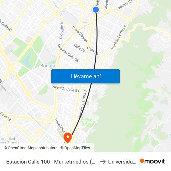 Estación Calle 100 - Marketmedios (Auto Norte - Cl 98) to Universidad Incca map