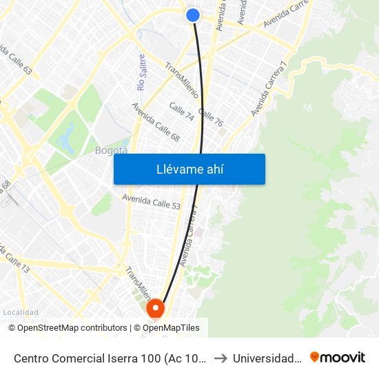 Centro Comercial Iserra 100 (Ac 100 - Kr 54) (B) to Universidad Incca map