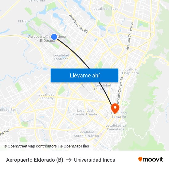 Aeropuerto Eldorado (B) to Universidad Incca map