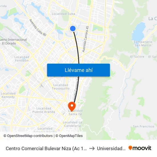 Centro Comercial Bulevar Niza (Ac 127 - Av. Suba) to Universidad Incca map