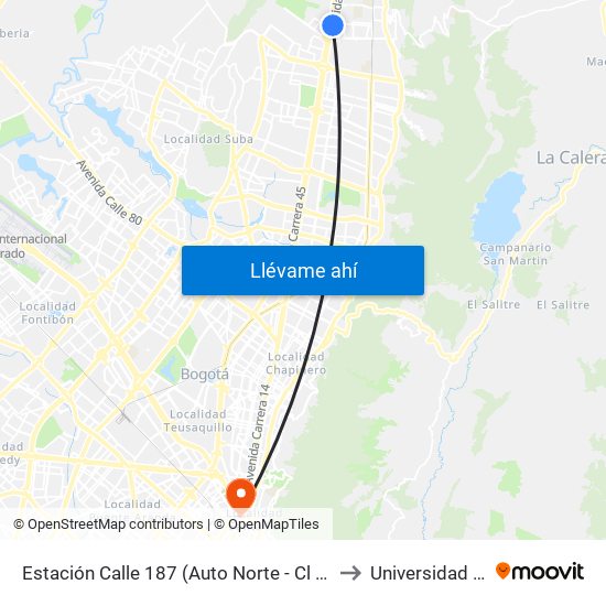Estación Calle 187 (Auto Norte - Cl 187 Bis) (A) to Universidad Incca map